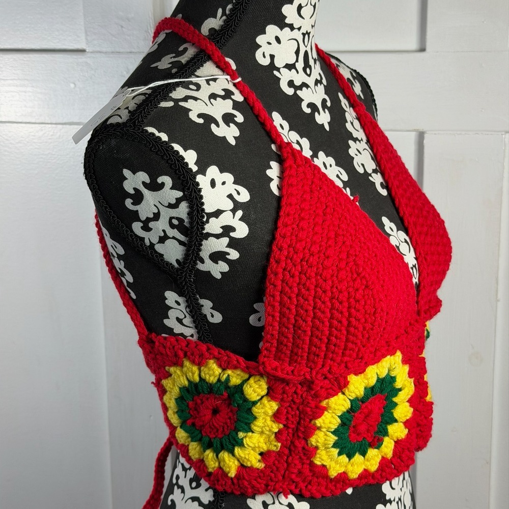 Handmade Red Crochet Halter Crop Top Granny Square Sunflower Festival‎ Boho